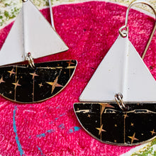 Load image into Gallery viewer, Starry Night Upcycled Tin Sailboat Earrings