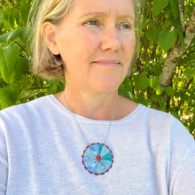 Load image into Gallery viewer, Aqua & Scarlet Rave Mandala Tin Necklace or Brooch