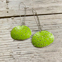Load image into Gallery viewer, Chartreuse Sea Urchins Upcycled Tin Earrings