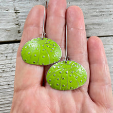Load image into Gallery viewer, Chartreuse Sea Urchins Upcycled Tin Earrings