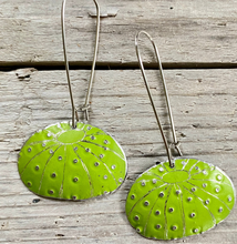 Load image into Gallery viewer, Chartreuse Sea Urchins Upcycled Tin Earrings