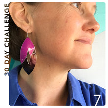 Load image into Gallery viewer, Pink and Maroon Upcycled Tin Earring by Christine Terrell for adaptive reuse jewelry