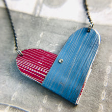 Load image into Gallery viewer, Cornflower & Magenta Etched Tin Heart Recycled Necklace