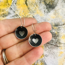Load image into Gallery viewer, Etched Silver Heart on Black Tiny Dot Tin Earrings