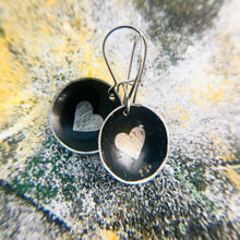 Load image into Gallery viewer, Etched Silver Heart on Black Tiny Dot Tin Earrings