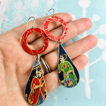Load image into Gallery viewer, Red Ring Japanese Family Upcycled Vintage Tin Long Teardrops Earrings