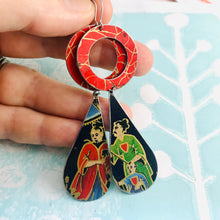 Load image into Gallery viewer, Red Ring Japanese Family Upcycled Vintage Tin Long Teardrops Earrings
