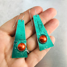 Load image into Gallery viewer, Shimmery Green & Orange Zero Waste Tin Earrings