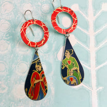Load image into Gallery viewer, Red Ring Japanese Family Upcycled Vintage Tin Long Teardrops Earrings