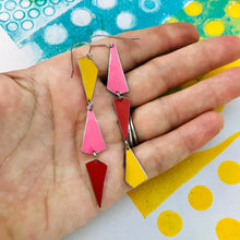 Load image into Gallery viewer, Goldenrod, Bubblegum & Coral Small Narrow Kites Recycled Tin Earrings