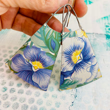 Load image into Gallery viewer, Big Pansies Upcycled Tin Long Fans Earrings