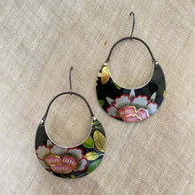 Load image into Gallery viewer, Peony on Midnight Crescent Circles Tin Earrings