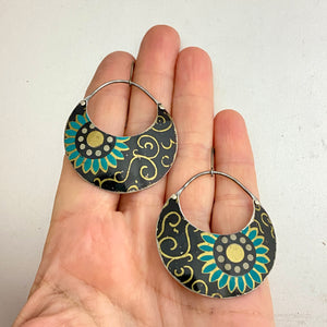 Vintage Stylized Blue Flower Crescent Circles Tin Earrings