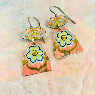 Vintage Pink Folk Flowers Drop Tin Earrings