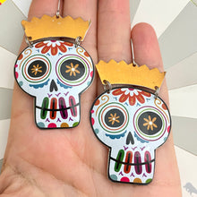 Load image into Gallery viewer, Square Jawed &amp; Gold Sugar Skulls Tin Earrings