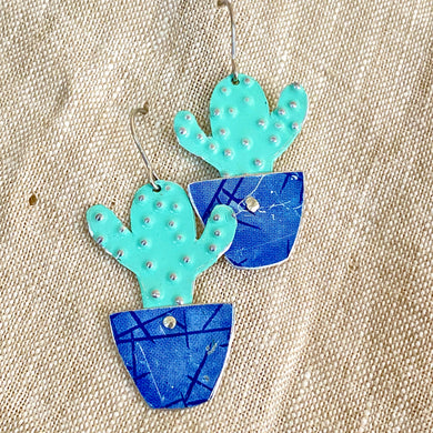 Tiny Turquoise Potted Cactus Tin Earrings