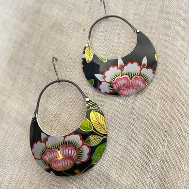 Peony on Midnight Crescent Circles Tin Earrings