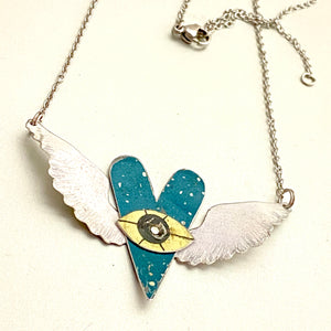 The Heart Sees Teal Tin Necklace