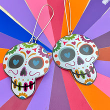 Load image into Gallery viewer, Heart Eyed Sugar Skulls Tin Earrings