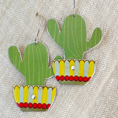 Li’l Potted Green Striped Cactus Tin Earrings