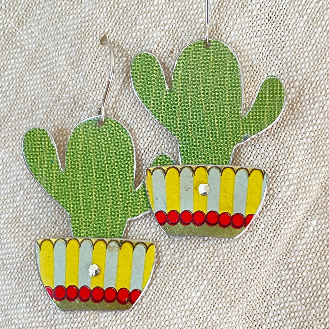 Li’l Potted Green Striped Cactus Tin Earrings