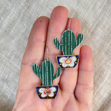 Load image into Gallery viewer, Li’l Potted Dark Green Striped Cactus Tin Earrings