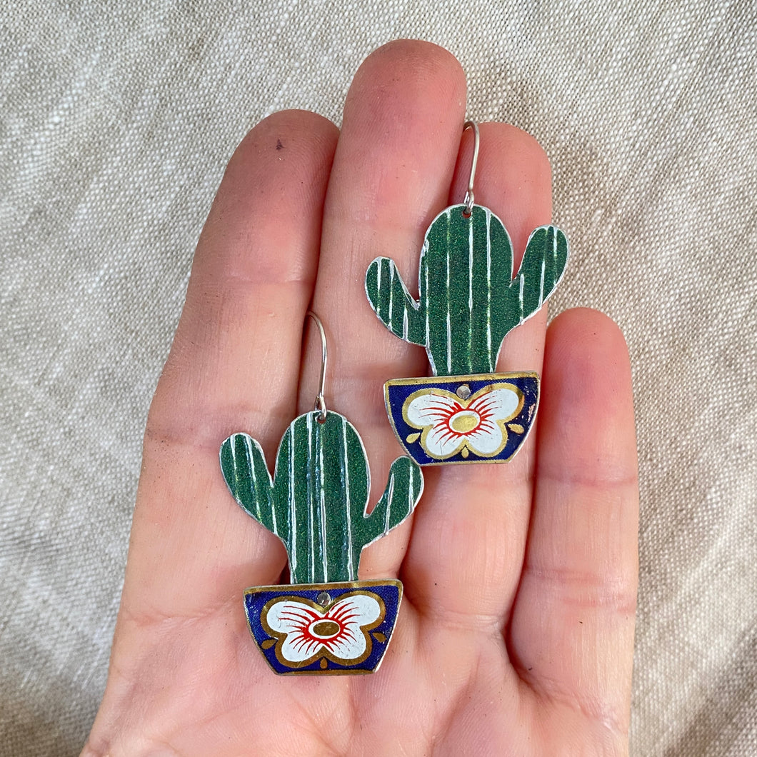 Li’l Potted Dark Green Striped Cactus Tin Earrings