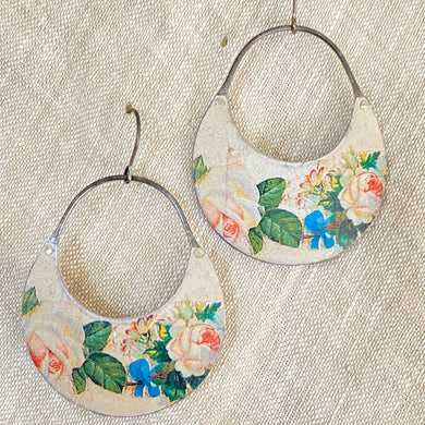 Pale Pink Roses Crescent Circles Tin Earrings