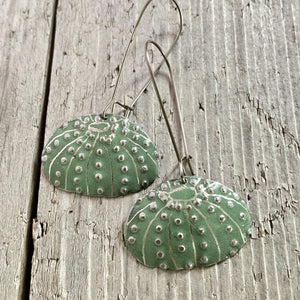Dusty Green Sea Urchins Upcycled Tin Earrings