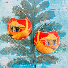 Load image into Gallery viewer, Japanese Home on Scarlet Upcycled Tin Earrings