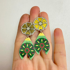 Vintage Blossoms & Green Mandala Tin Earrings