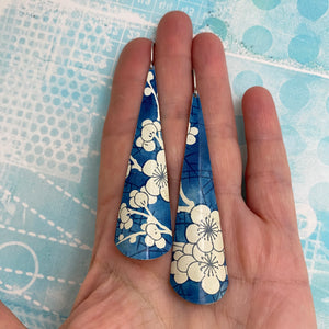 Blue Jean Plum Blossoms Long Drop Tin Earrings
