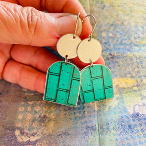 Teal Subway Tile Wide Arch Upcycled Tin Earrings