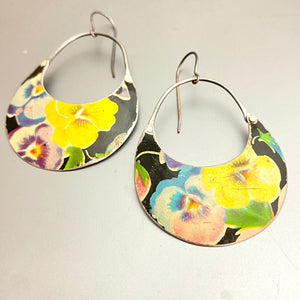 Vintage Pansies Crescent Tin Earrings