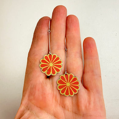 Stylized Red Blossoms Upcycled Tin Earrings