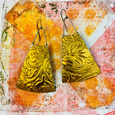 Golden Embossed Upcycled Tin Long Fans Earrings