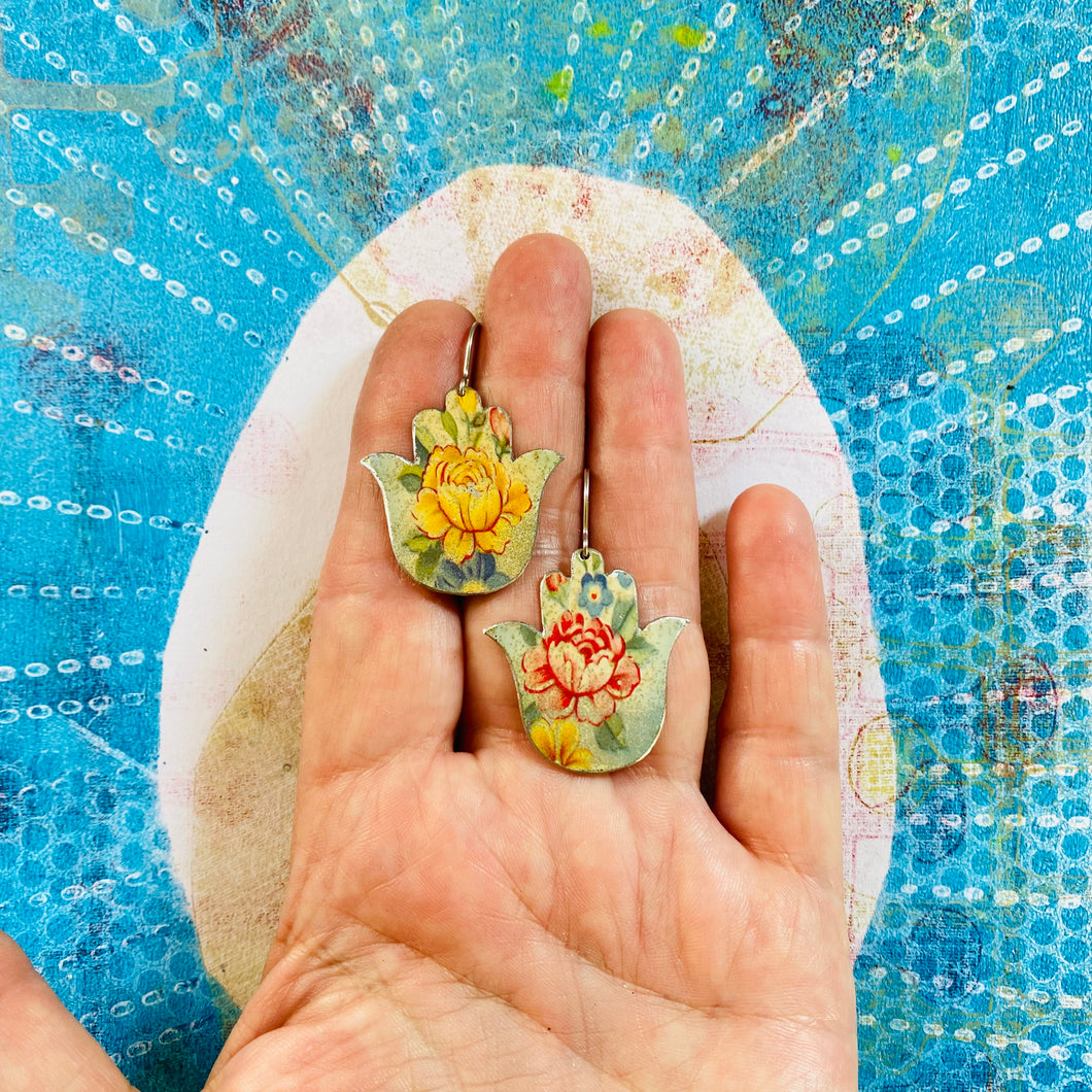 Antique Roses Classic Hamsa Upcycled Tin Earrings