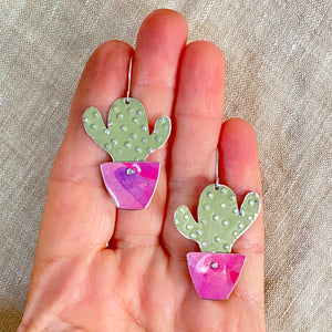 Li’l Pink Potted Cactus Upcycled Tin Earrings