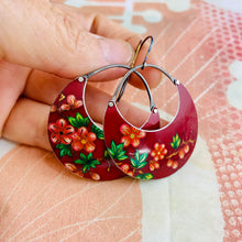 Load image into Gallery viewer, Pink Blossoms on Burgundy Crescent Circles Tin Earrings