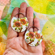 Load image into Gallery viewer, Peachy Peonies Upcycled Tin Circle Earrings