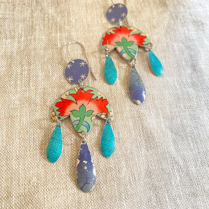 Big Pink Flowers Tin Chandelier Earrings