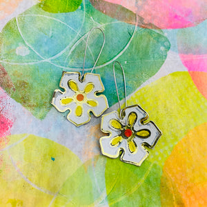 Stylized White Flowers Upcycled Tin Earrings
