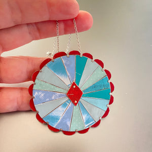 Aqua & Scarlet Rave Mandala Tin Necklace or Brooch