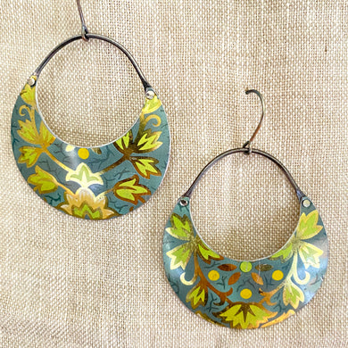 Vintage Green Leaves Crescent Circles Tin Earrings