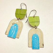 Load image into Gallery viewer, Etched Arch Apple, Sky &amp; Cream Tin Earrings