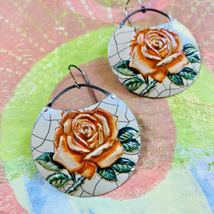 Peach Roses Circles Upcycled Tin Earrings