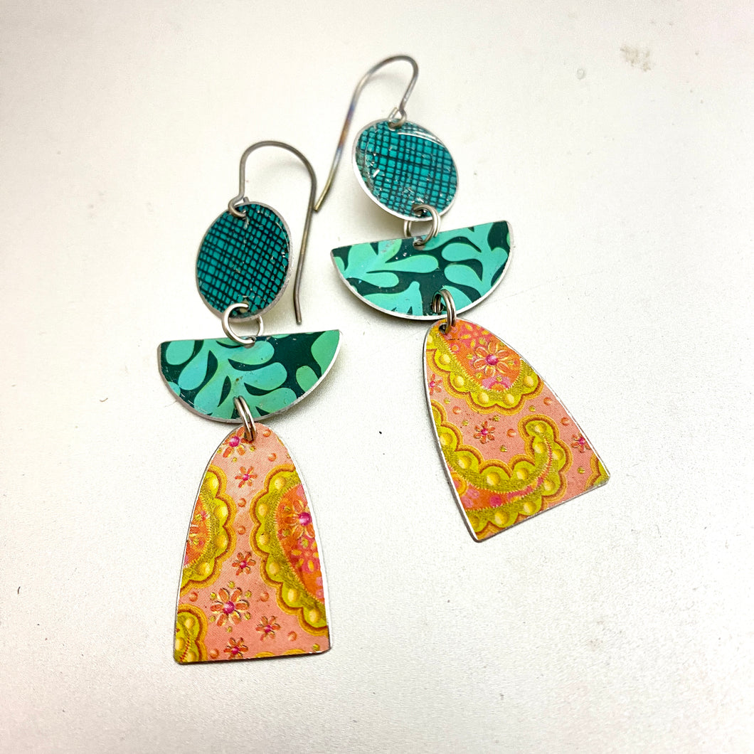 Turquoise & Coral Patterned Angels Tin Earrings