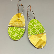 Load image into Gallery viewer, Gold &amp; Green Patchwork Oval Tin Earrings