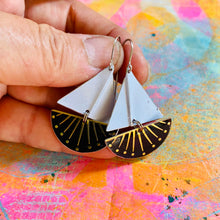 Load image into Gallery viewer, Golden Spray Upcycled Tin Sailboat Earrings