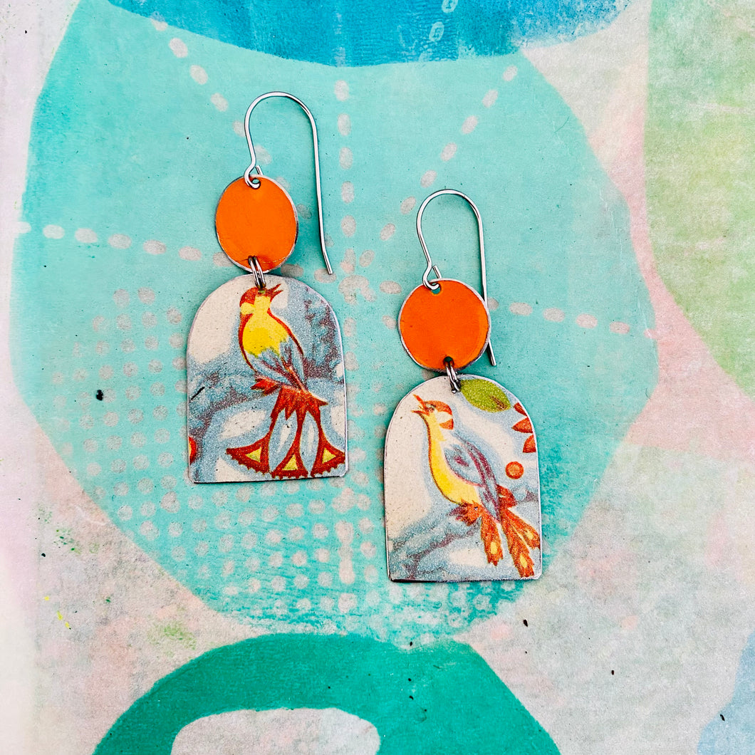 Fancy Birds Wide Arch Upcycled Tin Earrings